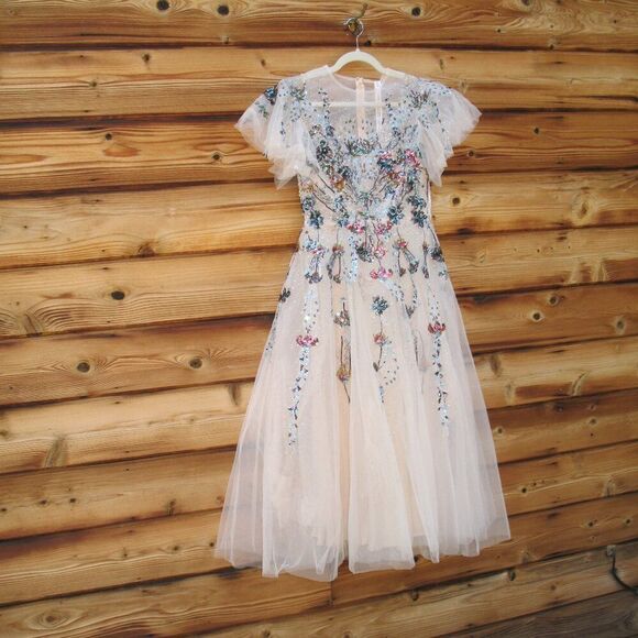 Mac Duggal 20510 Flutter Sleeve High Neck Embellished Floral Dress - Picture 6 of 13